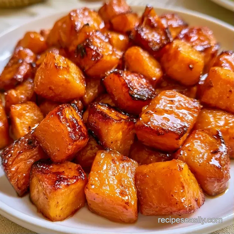 Roasted orange cubes piled high in a matte ceramic bowl, garnished with flaky sea salt and cracked black pepper.