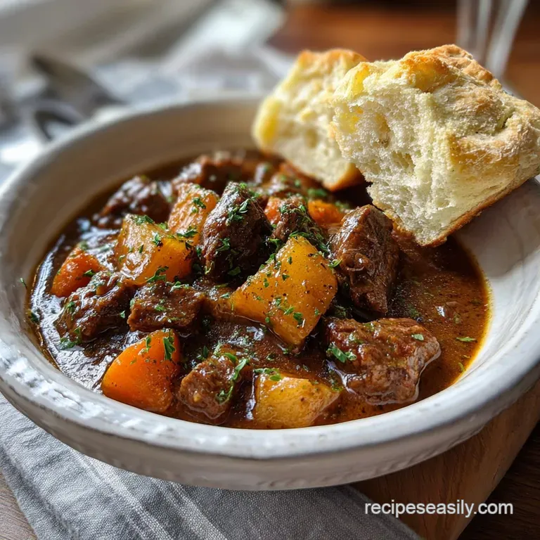 A rustic bowl filled with tender beef stew, fluffy dumplings, and vibrant vegetables. Steam rises, hinting at a comforting...