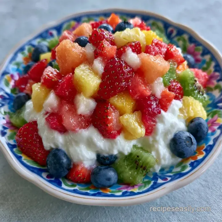 Neatly arranged slices of orange cantaloupe, red strawberries, and plump blueberries on a clean white plate.