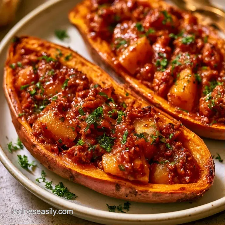 Roasted orange sweet potato halves filled with savory brown meat and topped with fresh green parsley on a white plate.