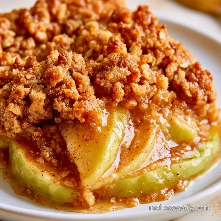 Warm cinnamon-spiced fruit crumble with a scoop of melting vanilla ice cream in a white ceramic bowl.
