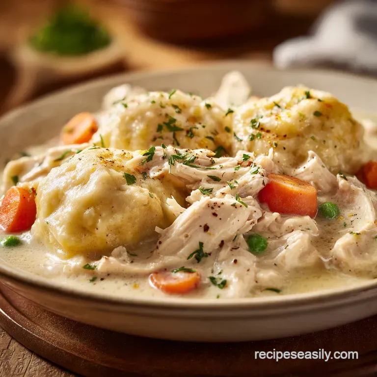 A generous swirl of velvety broth embraces tender chicken and soft dumplings, garnished with fresh parsley.