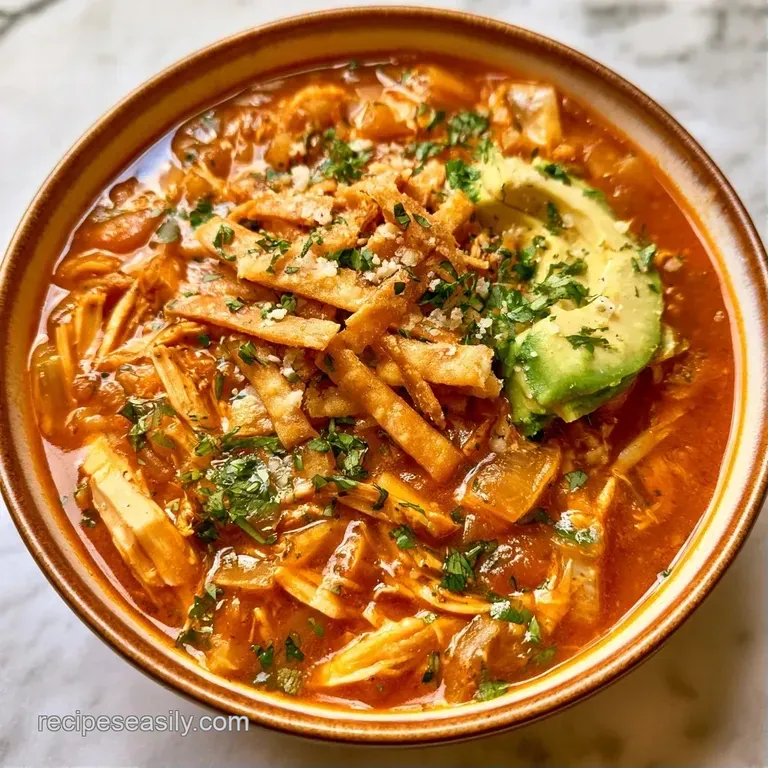 Rustic ceramic bowl of savory soup topped with golden tortilla strips, creamy avocado, and a fresh lime wedge.