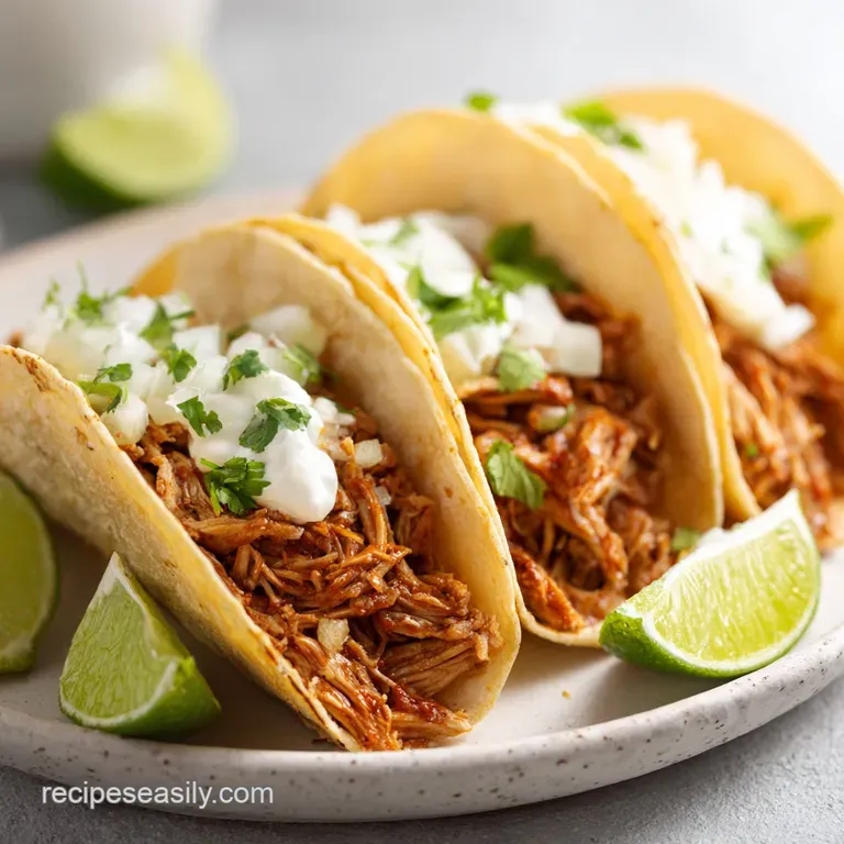 A trio of tacos showcasing tender pulled chicken, topped with bright salsa and a dollop of sour cream.