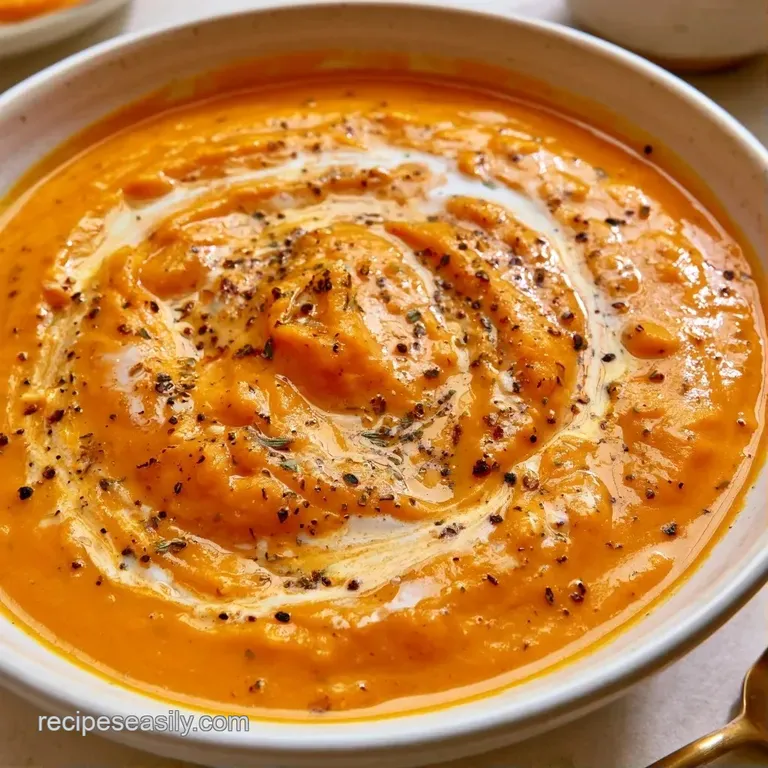 A vibrant orange puree served in a white bowl, topped with toasted pumpkin seeds and a drizzle of coconut milk.