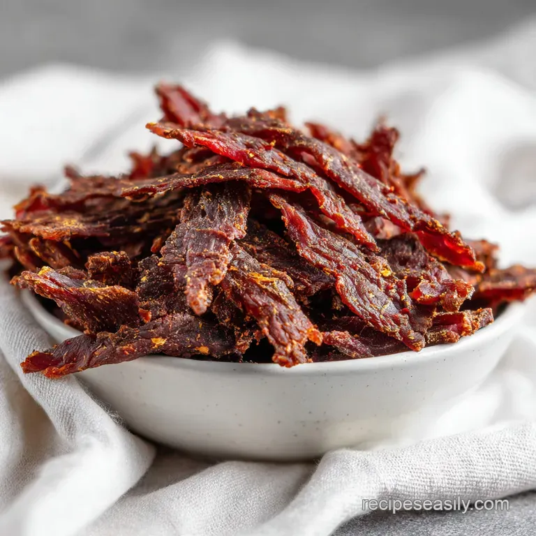 Thinly sliced, ruby-red jerky artfully fanned on a dark slate board with a scattering of coarse salt.