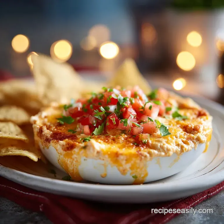 A generous scoop of creamy, melted cheese dip artfully placed in a small white bowl, garnished with vibrant red pepper fla...