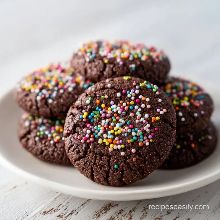 Warm chocolate cookies, glistening slightly, artfully stacked on a white plate with a sprig of mint.