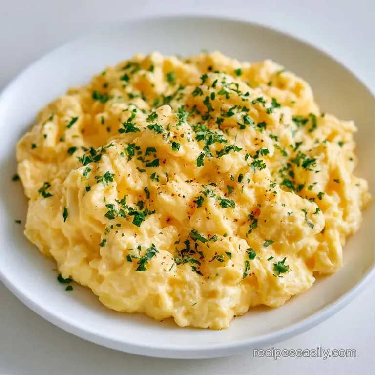 Silky yellow egg curds topped with chopped green chives beside golden buttery toast on a stoneware platter.