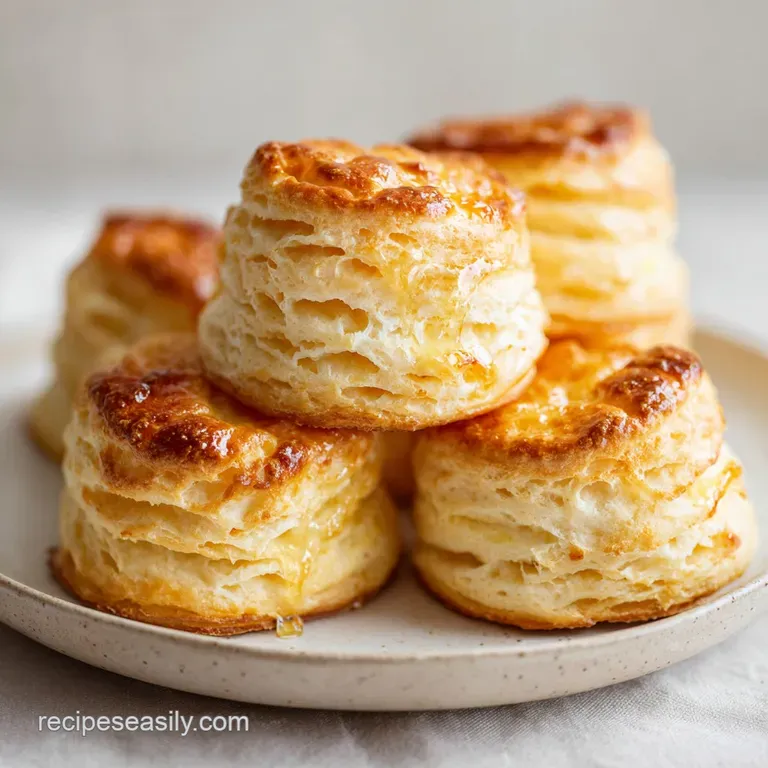 A stack of warm, golden biscuits on a white ceramic plate with a pat of melting butter gliding down the side.
