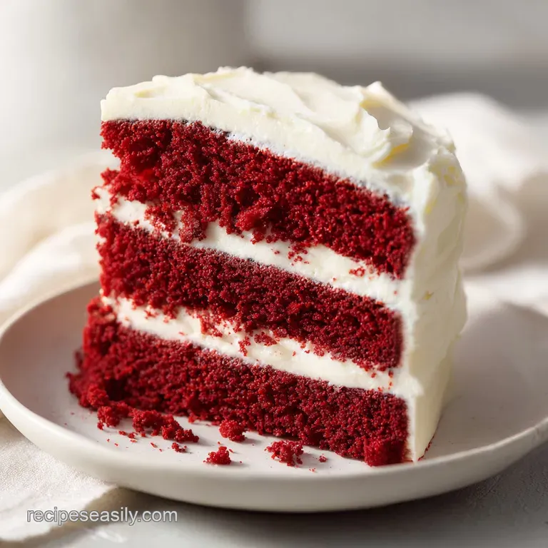 A precise slice of crimson cake on a white plate, paired with a dollop of cream and fresh raspberries.