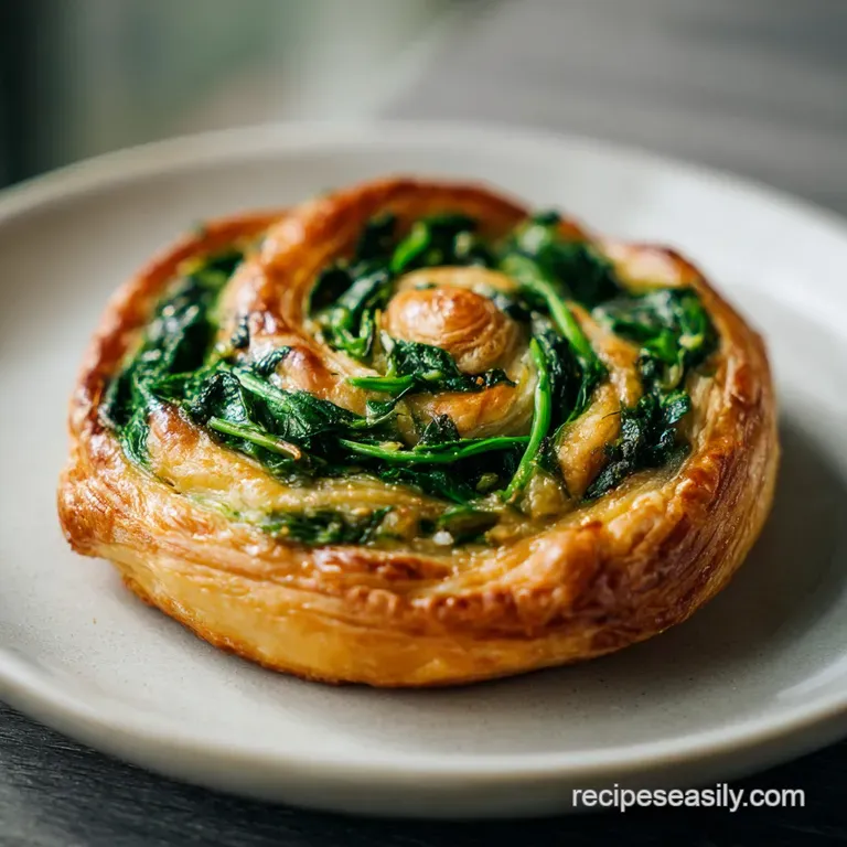 Delicate spinach and onion puff served on a white plate, garnished with a sprig of thyme, hints of flaky layers visible.