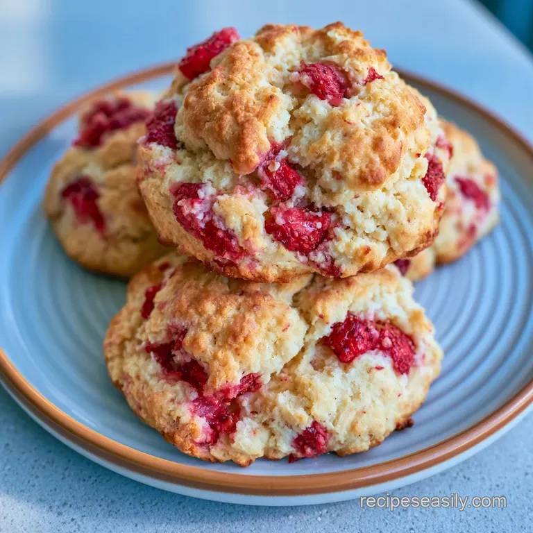 A stack of golden-brown biscuits drizzled with sweet white glaze and garnished with sliced fresh strawberries.