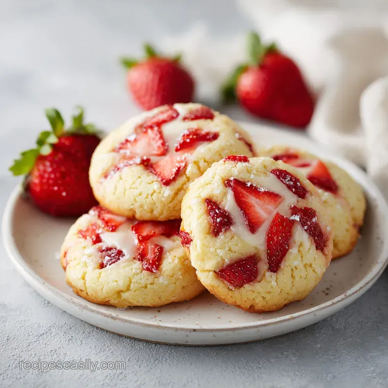 Elegant, single strawberry cheesecake cookie, creamy pink frosting on a small plate. Sprinkled graham cracker adds a delig...