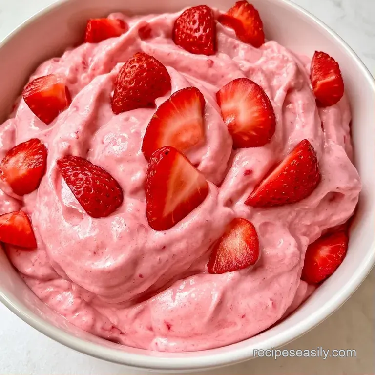 Pale cream scoops in a modern white bowl, garnished with a sprig of mint and a single, juicy red strawberry.