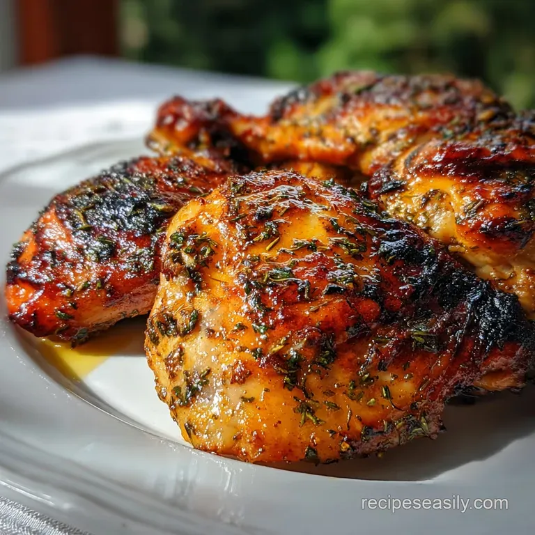 Plated pollo asado featuring juicy, achiote-stained chicken. Garnished with bright cilantro sprigs and a side of rice.