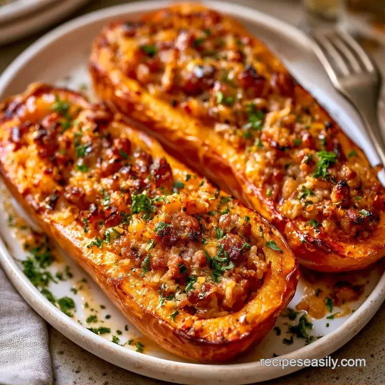A roasted golden squash half overflowing with herbed meat and gooey melted cheese on a dark ceramic plate
