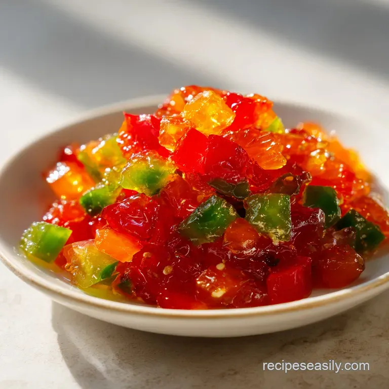 A spoonful of glistening ruby-red pepper jelly atop a creamy cracker, ready for tasting.