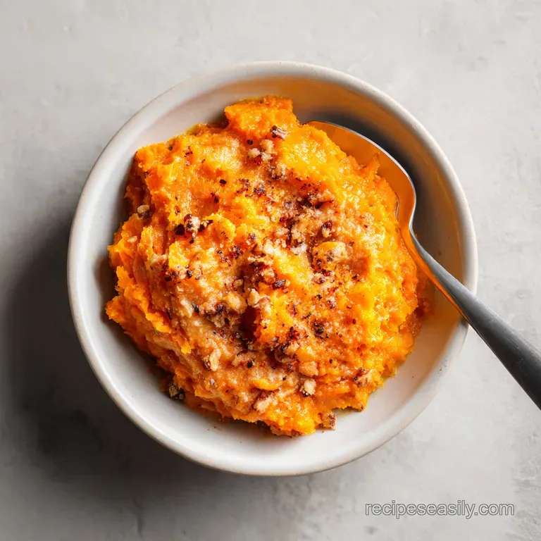 A single scoop of creamy sweet potato casserole, elegantly drizzled with maple syrup and a sprinkle of cinnamon.