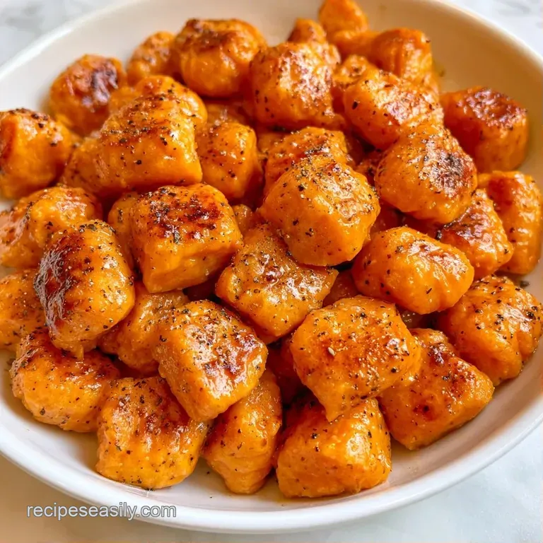Pillowy orange dumplings nestled in a shallow ceramic bowl, topped with toasted sage and a drizzle of amber butter.