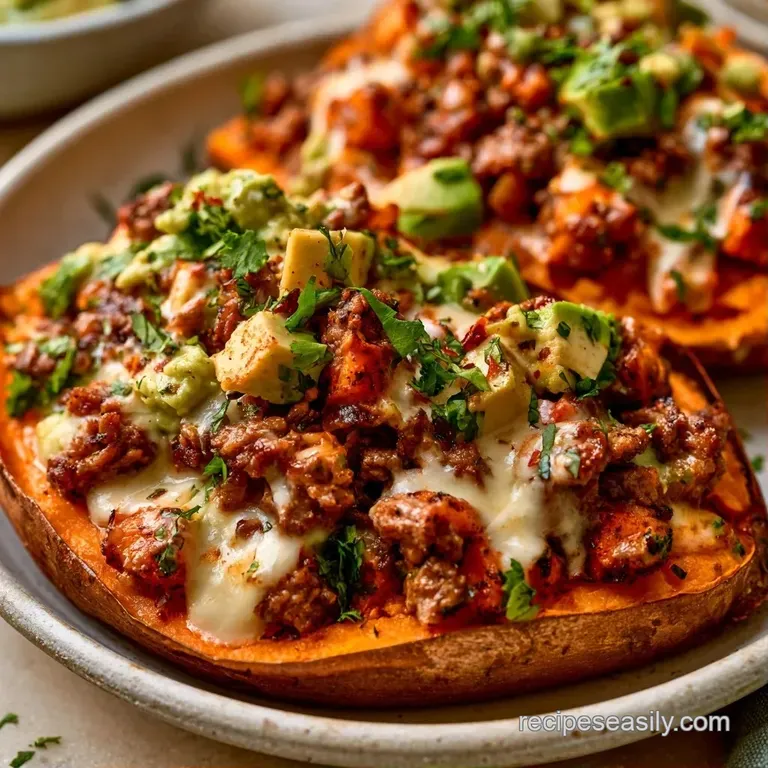 Vibrant orange baked potatoes on a rustic plate, topped with crumbly beef, fresh greens, and creamy white swirls.