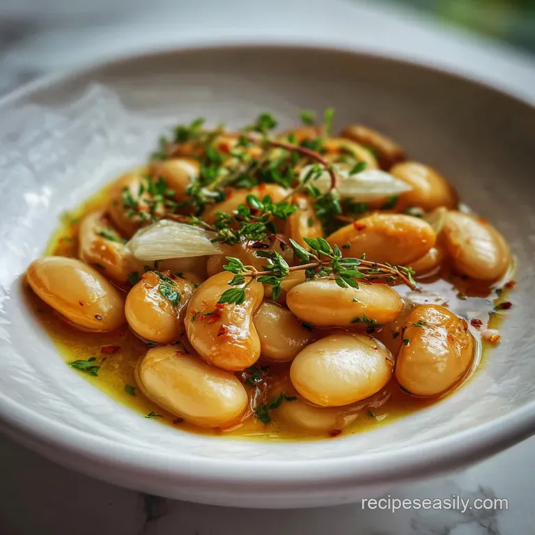 Elegant white plate featuring a mound of butter beans in creamy sauce, sprinkled with herbs and a drizzle of olive oil.