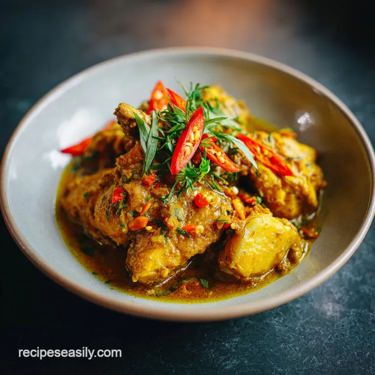 Close-up of tender chicken curry with vibrant turmeric sauce, garnished with cilantro. A spoonful of rice completes the dish.
