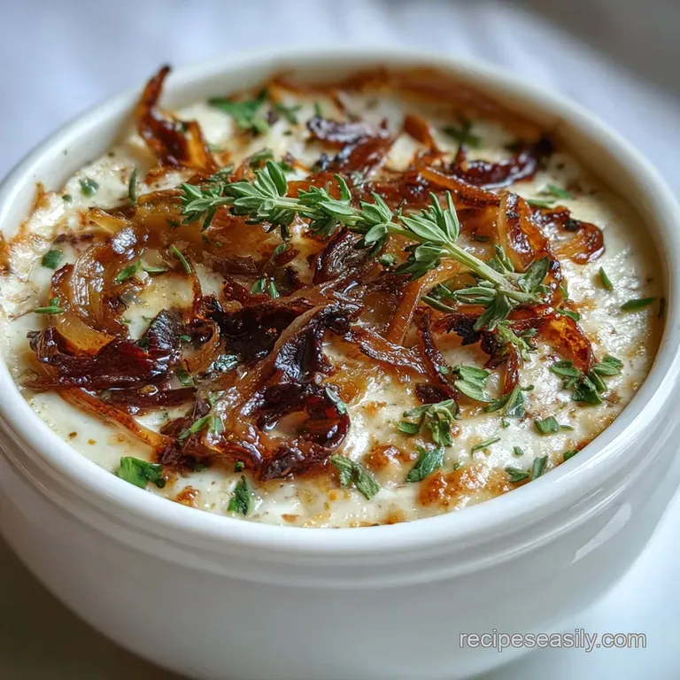 Elegant bowl of caramelized onion dip, garnished with fresh thyme sprigs, served with assorted artisan crackers on a woode...