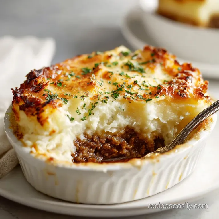 A rich, savory pie with a crisp potato crust, nestled beside bright green peas.