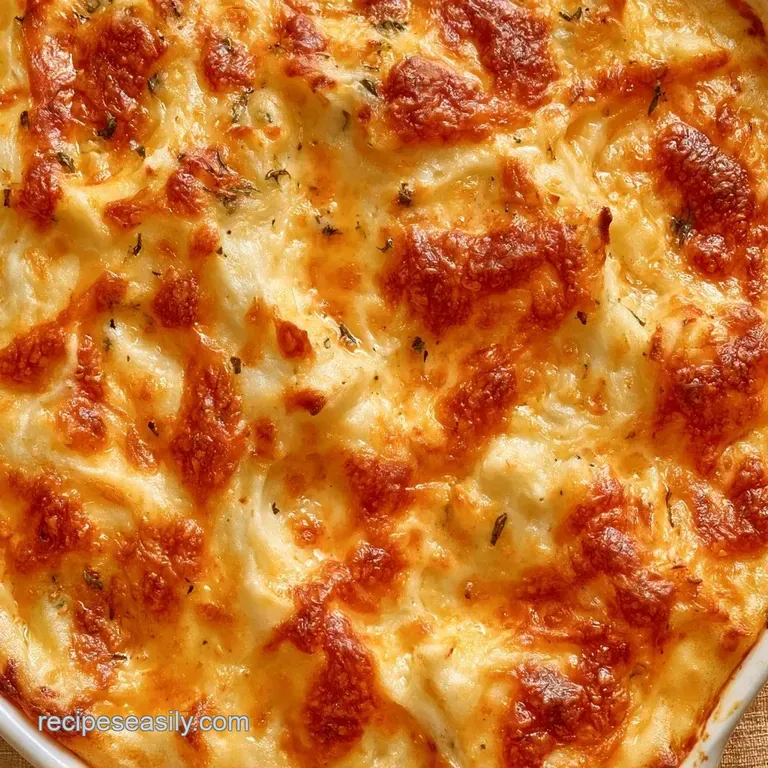 A thick square slice of cheesy potatoes on a white ceramic plate, showcasing a soft, rich and creamy interior.