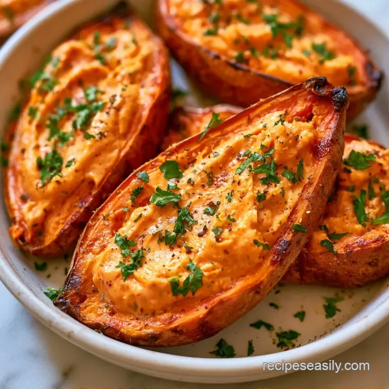 Roasted orange potato skins filled with fluffy mash, topped with bubbly melted cheese and sliced green chives.