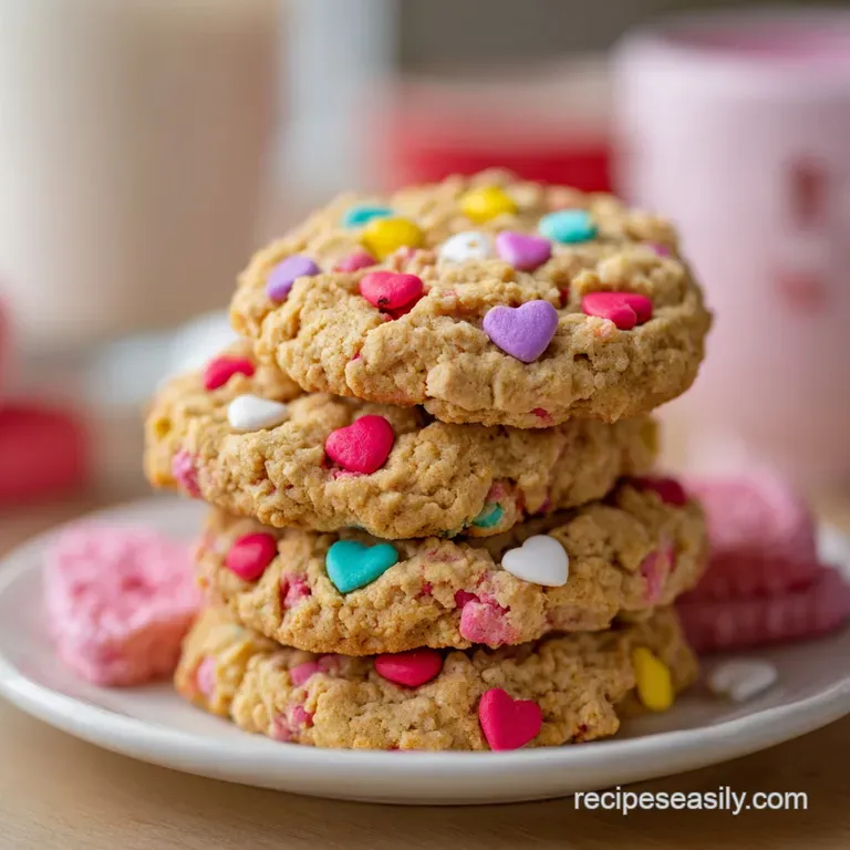 Stack of vibrant monster cookies with candy eyes, overflowing with chocolate chips, creating a playful Valentine's Day treat.