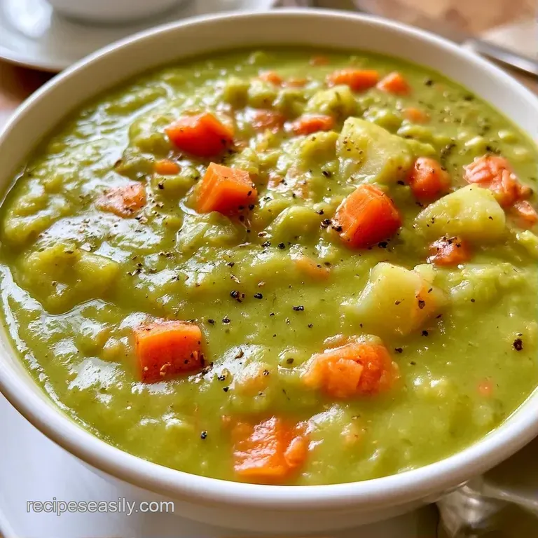 Thick green puree in a white bowl topped with a swirl of cream and fresh parsley on a linen tablecloth