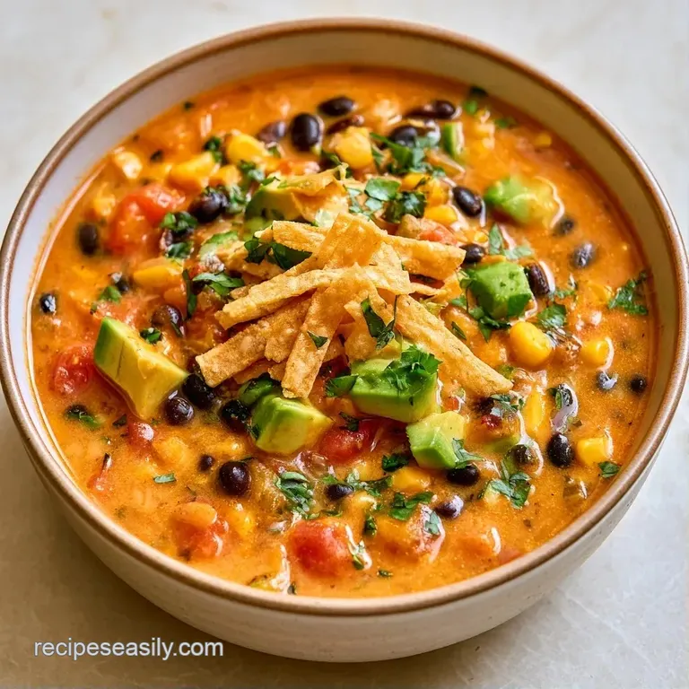 Rustic ceramic bowl filled with orange broth, topped with crisp tortilla strips and a bright lime wedge on the side.
