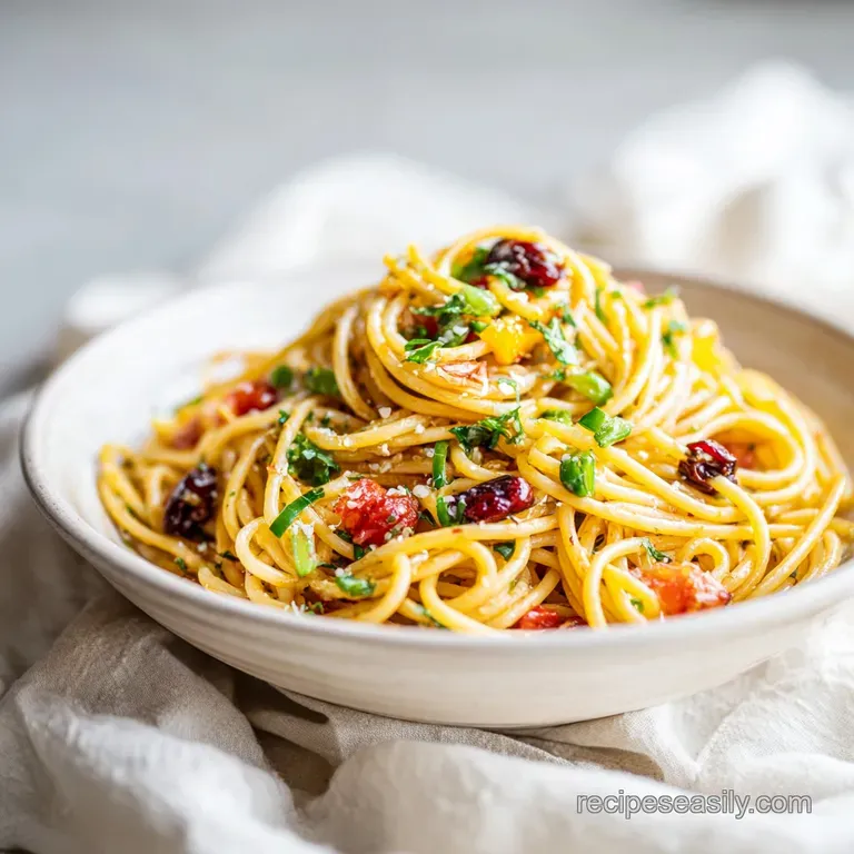 A bright bowl of chilled spaghetti salad showcasing colorful vegetables and a light, glistening dressing.