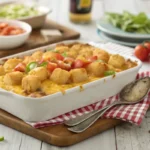 Golden Big Mac Tater Tot Casserole topped with lettuce, tomatoes, and pickles.