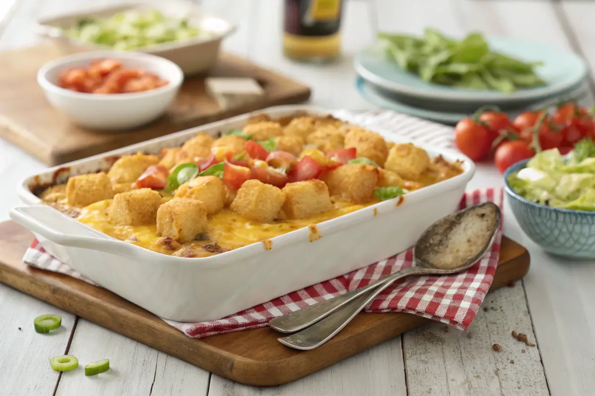 Golden Big Mac Tater Tot Casserole topped with lettuce, tomatoes, and pickles.