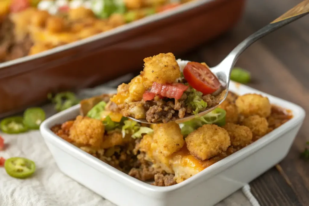 Close-up of a spoonful of layered Big Mac Tater Tot Casserole.